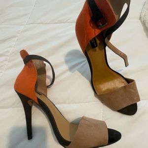 ZARA Collection by Basic black, tan and orange suede open toed heels 6.5